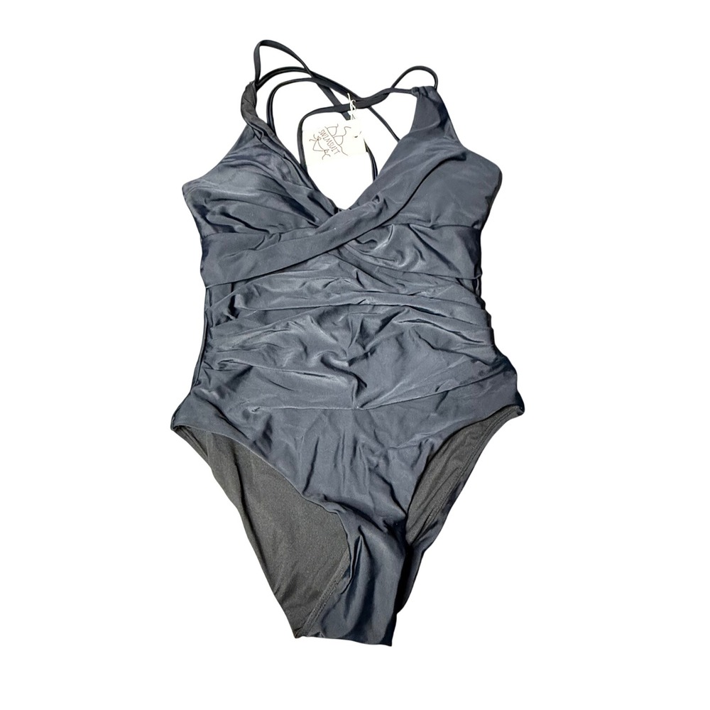 Shirred One Piece Swimsuit Criss Cross Back Black Swimwear‎ Small